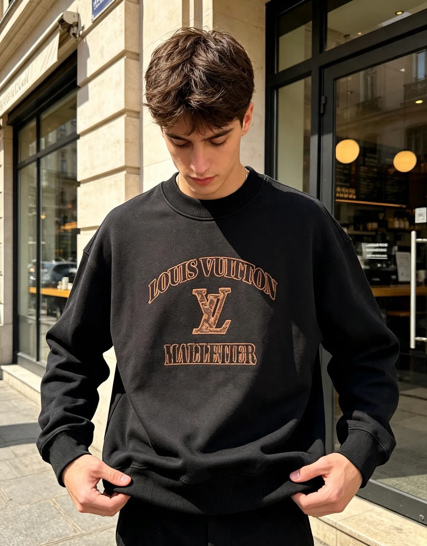 Louis Vuitton/Louis Vuitton leather label letter embroidered crew neck sweatshirt